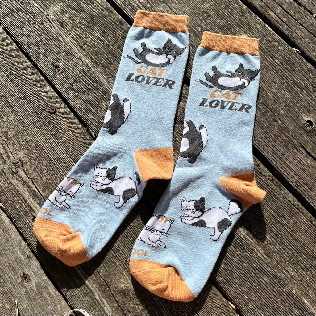 Playful Cat Design Blue And Orange Socks